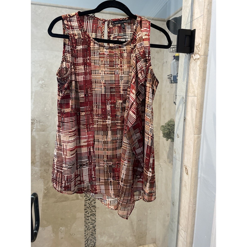 White House Black Market Red Tan Chiffon Plaid Hi-Low Sleeveless Blouse Small